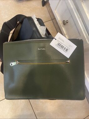 Paul Smith Dark Olive Green Leather Messenger Bag with Front Zip